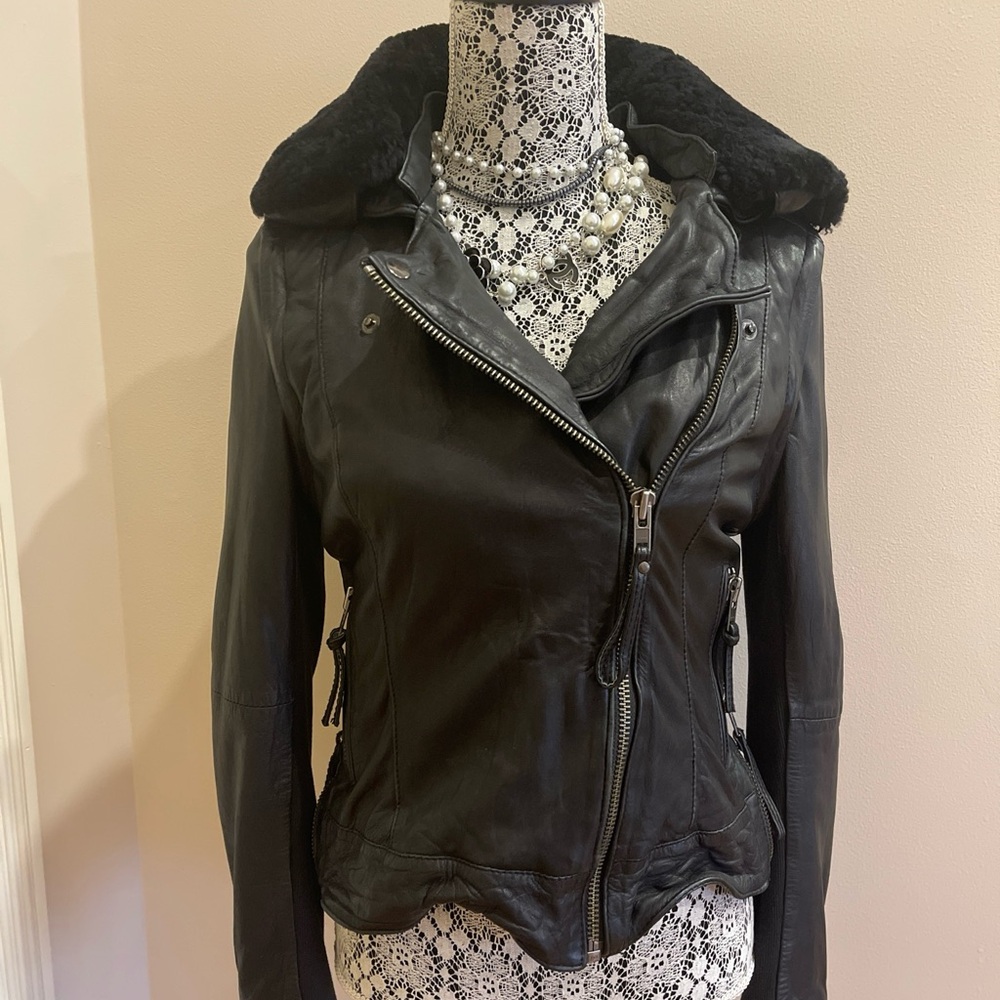 Muubaa shearling aviator biker jacket real sheepskin lamb leather size 6 black